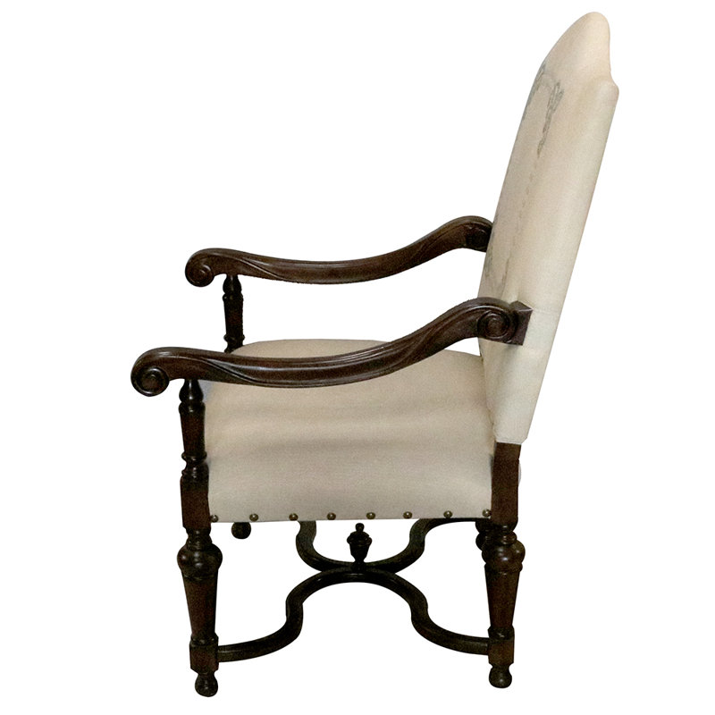 Upholstered Armchair, Dark Brown Wood, Beige Geometric Polyester Blend