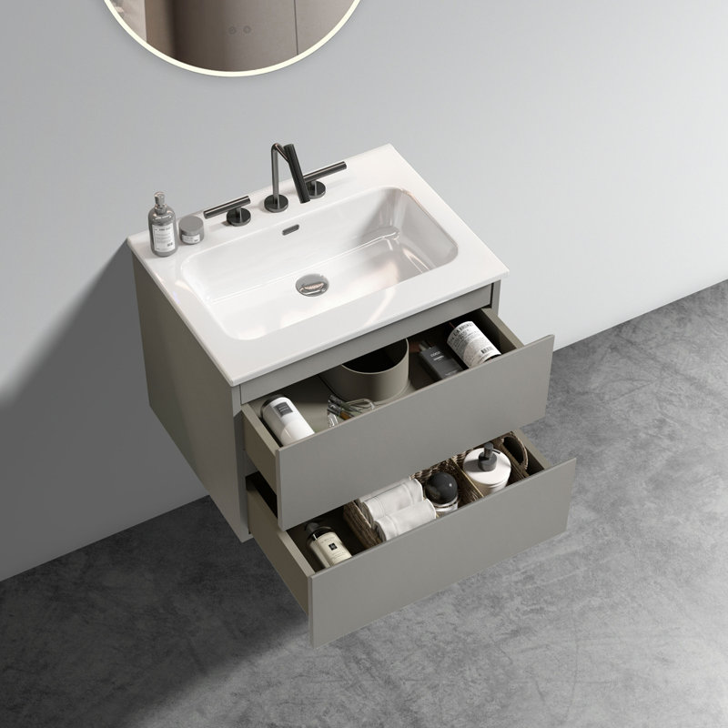 Grand meuble-lavabo flottant avec rangement pour salle de bain moderne, Blanc / Gris