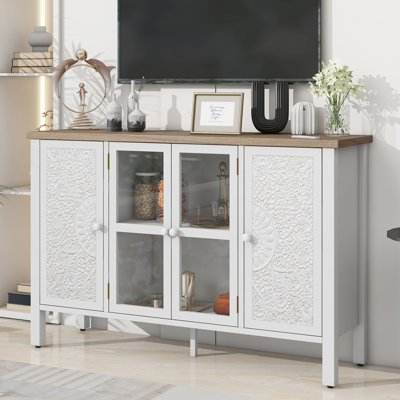 Retro TV Stand For Tvs Up To 43 Inches With 3 Cabinets, Glass Doors And Anti-Tip Safety Feature. by Red Barrel Studio