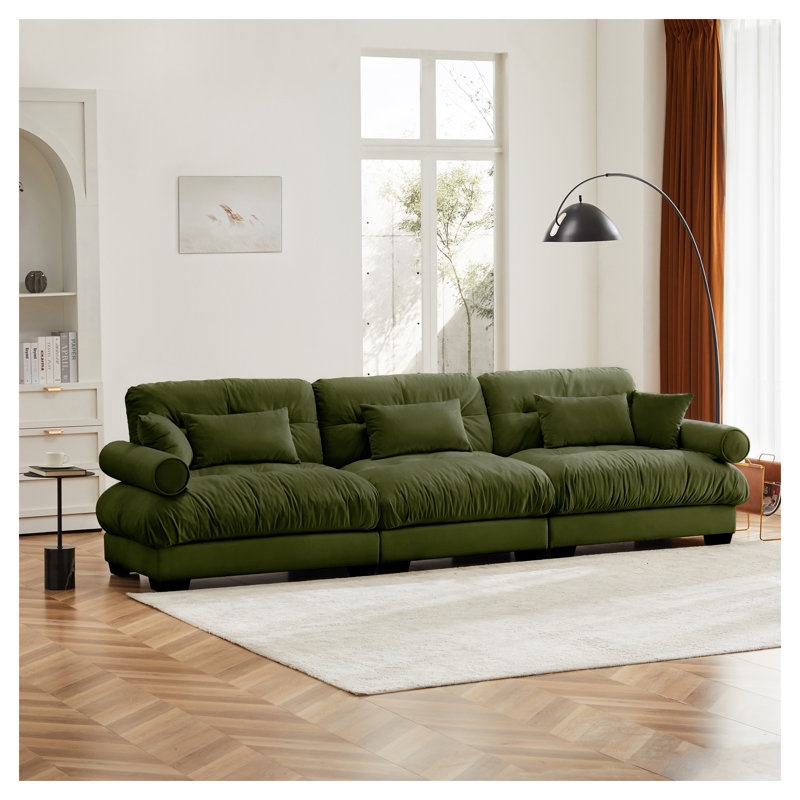 Très grand canapé-lit en velours surdimensionné à 3 places avec coussins décoratifs vert olive