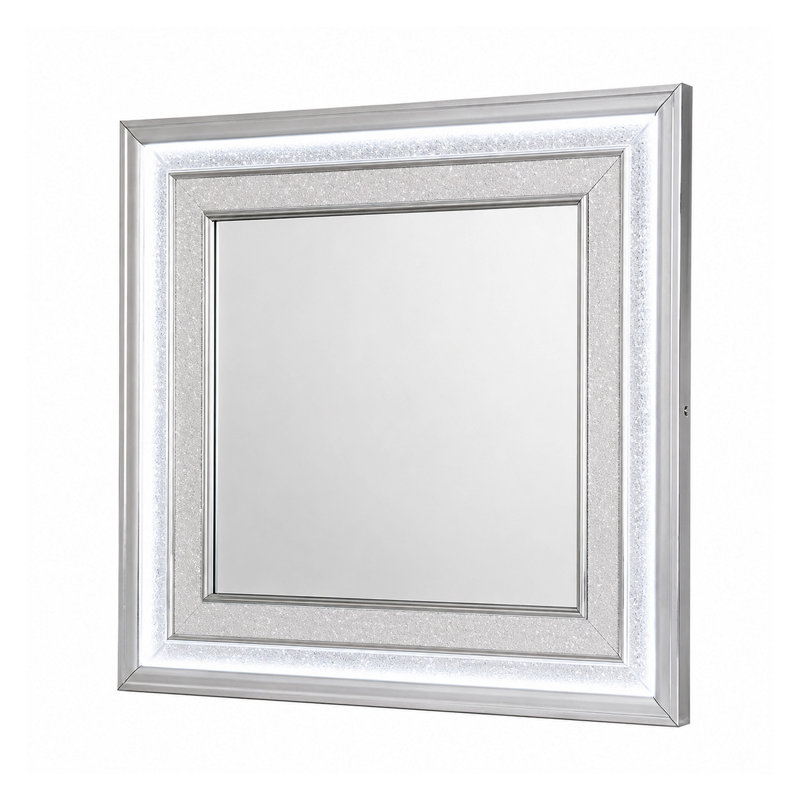 Gala Dresser Mirror, Embedded Crystal Trim w LED, Gray 40x44 Rectangular