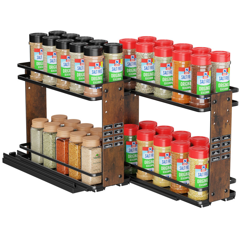  2 pièces étagère à épices coulissante, double couche, grain de bois, rangement pour épices, support d'assaisonnement de cuisine à hauteur réglable, installation facile