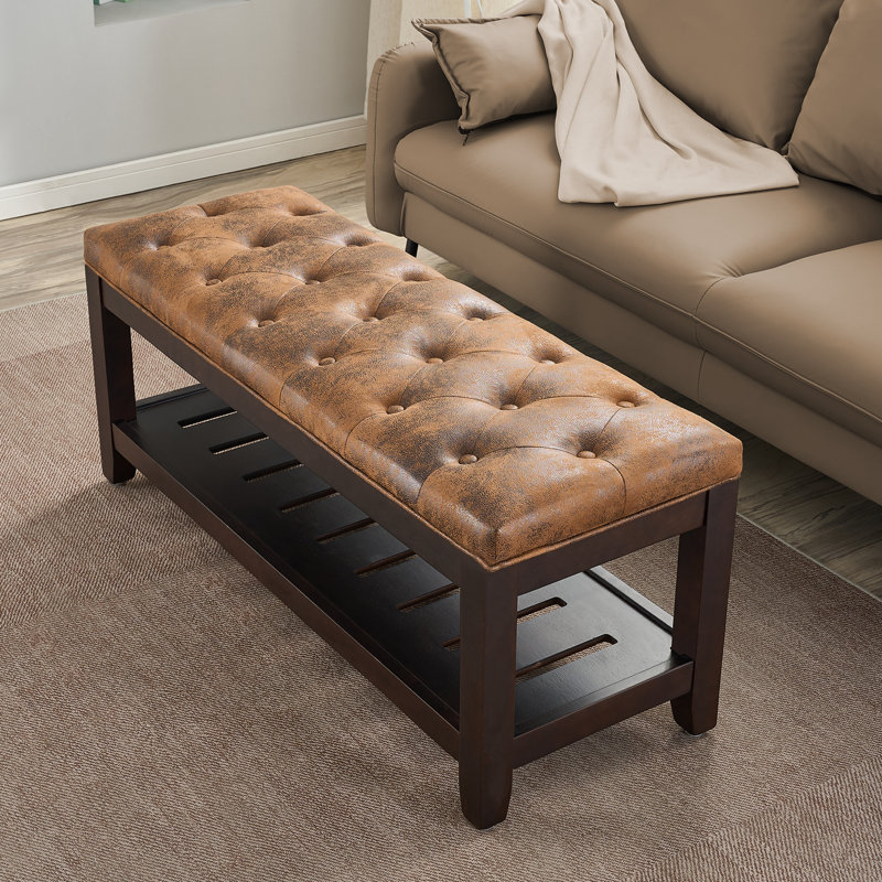 Repose-pieds cocktail capitonné de 44 po de largeur avec plateau de rangement, Similicuir brun