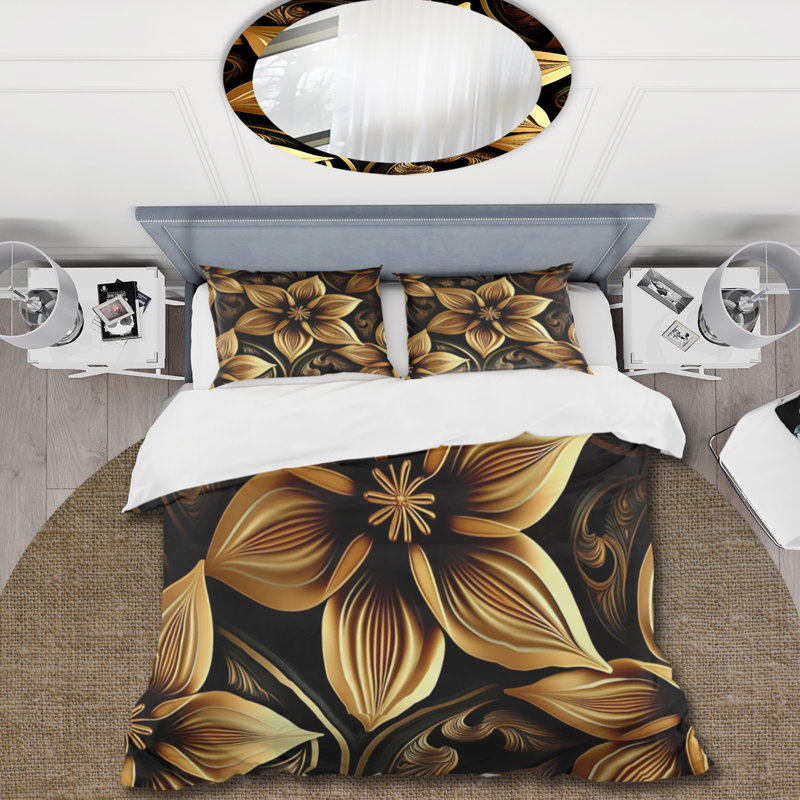 Ensemble de housse de couette Golden Lily On Black II Bed, Housse de couette pour très grand lit et 2 très