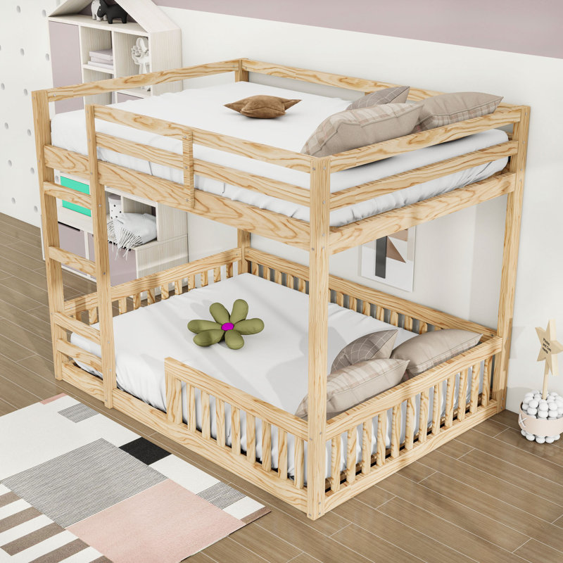 Lit superposé double en bois avec échelle et garde-corps de sécurité, Naturel