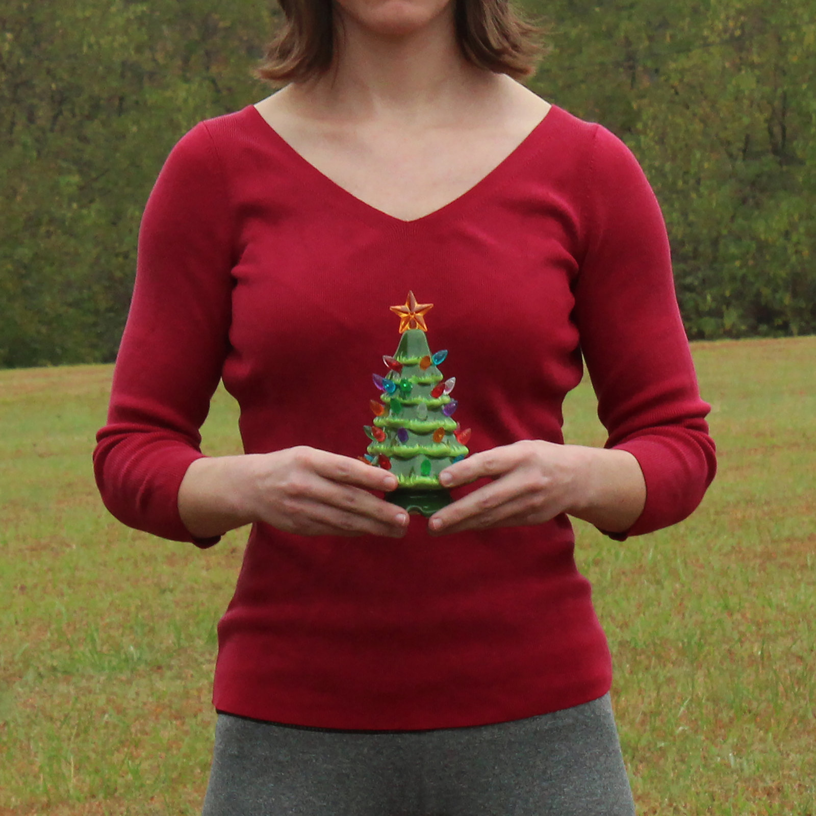 Lighted Ceramic Tabletop Christmas Tree, Green, 6.75" H x 3.5" W x 3.5" D