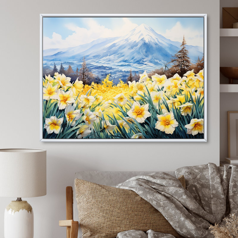 Daffodils Charm in Mountain - Imprimé, H 12 po x l 20 po, Cadre flottant blanc
