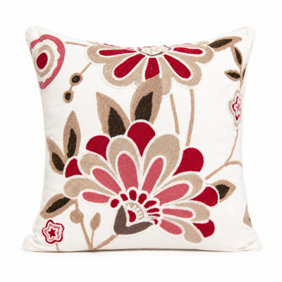 Flora Embroidered Cotton Reversible Throw Pillow