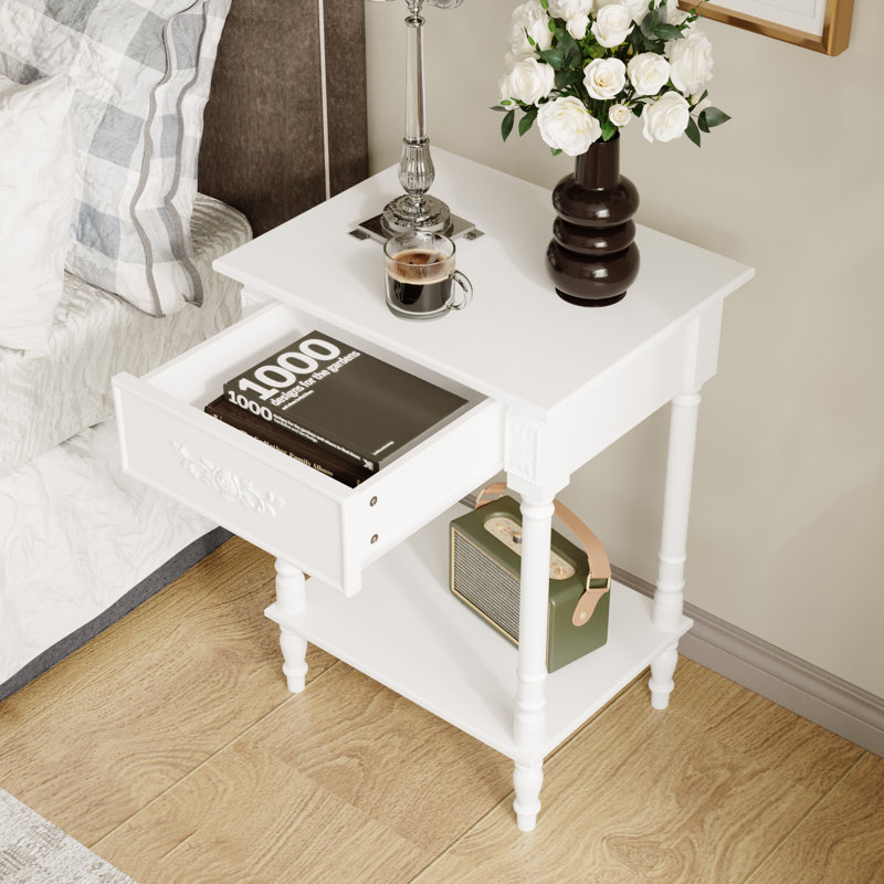 1-Shelf And 1-Drawer Nightstand With Elegent Design, White