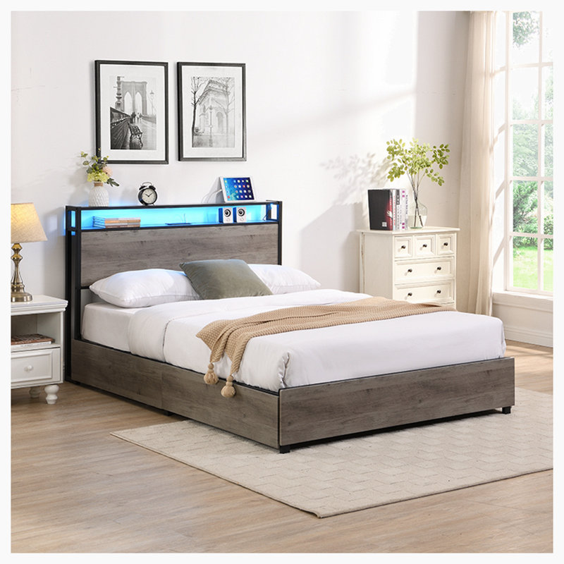 Lit de rangement avec station de charge, Gris antique, Grand lit