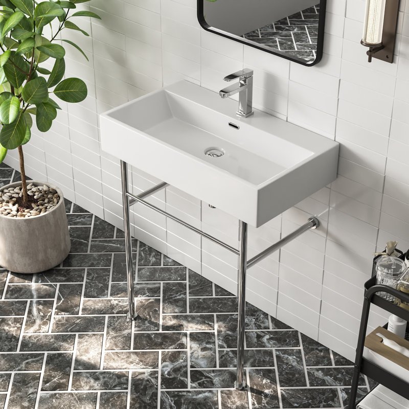 Lavabo console rectangulaire en céramique 30 avec lavabo simple et trop-plein, Blanc / argent