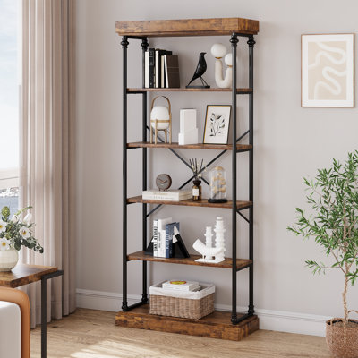Industrial Bookshelf Wood Bookcase 6 Tier Storage Open Rack Shelf Metal Frame Rustic Tall Standing Bookshelves Large Vintage Display Rack for Bedroom,Living Room and Home Office