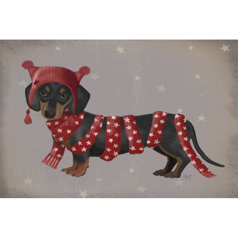 «Dachshund And Long Scarf» par Fab Funky - impression sur toile tendue, H 20 po x l 30 po