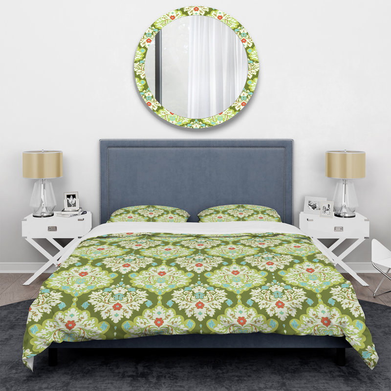 Green Damask - Abstract Duvet Cover Set - Microfiber Polyester, Queen Duvet Cover + 2 Standard Shams