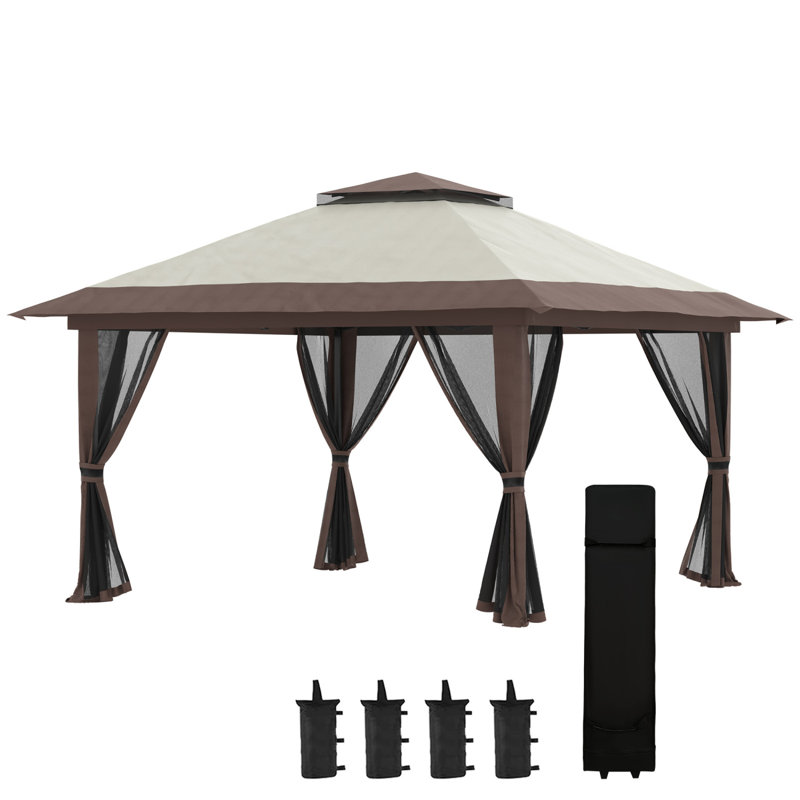 Outsunny 13' X 13' Pop Up Gazebo With Netting, Instant Canopy Tent Shelter With 2-Tier Roof,  Wheeled Carry Bag, Water/Sand Bags For Outdoor, Garden, Parties, Beige