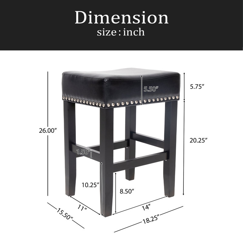Ensemble de 2 tabourets de comptoir en cuir 26 po, 2 pièces, Noir