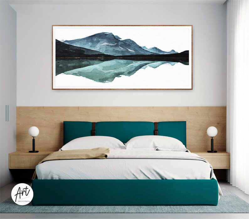 Vue panoramique sur la vallée de la montagne verte et bleue, reproduction d'art à l'aquarelle, Misty Rolling Hills