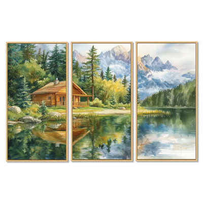 Art mural de chalet de montagne, toile de paysage au bord du lac - ensemble d'art mural encadré sur toile 3 pièces