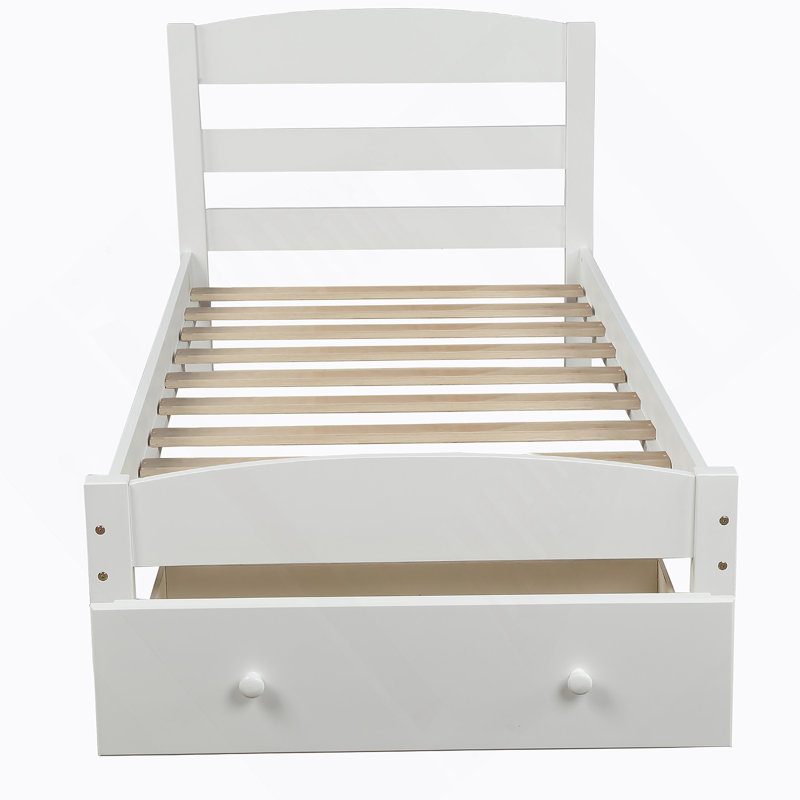 Structure de lit plateforme avec tiroir de rangement et support en lattes de bois sans sommier, Blanc