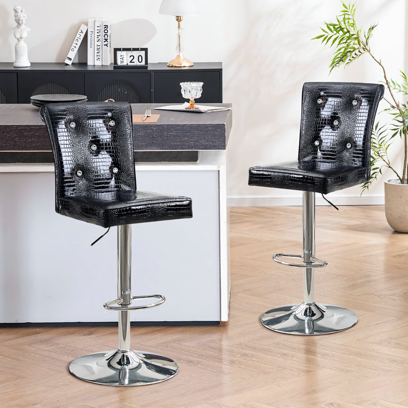 Vintage Faux Leather Bar Stools Set of 2, Adjustable Height Swivel with Crystal Clasp, Black Seat/ Silver Frame