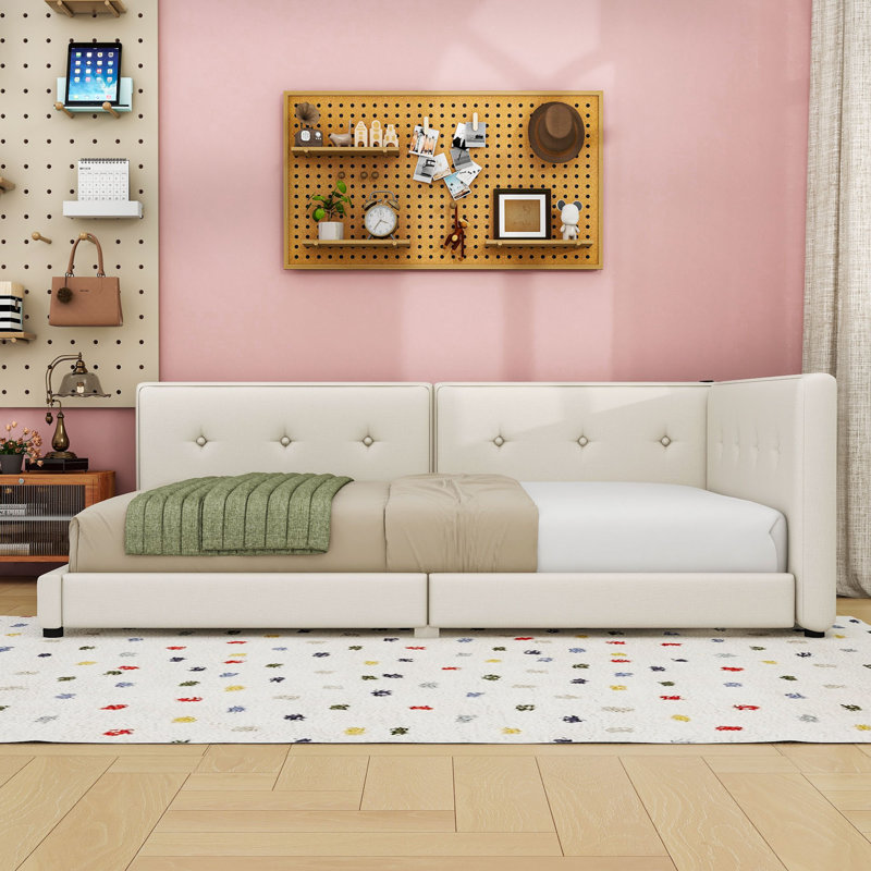 Lit de jour rembourré en lin avec ports USB intégrés et structure en bois robuste, Beige, Grand lit