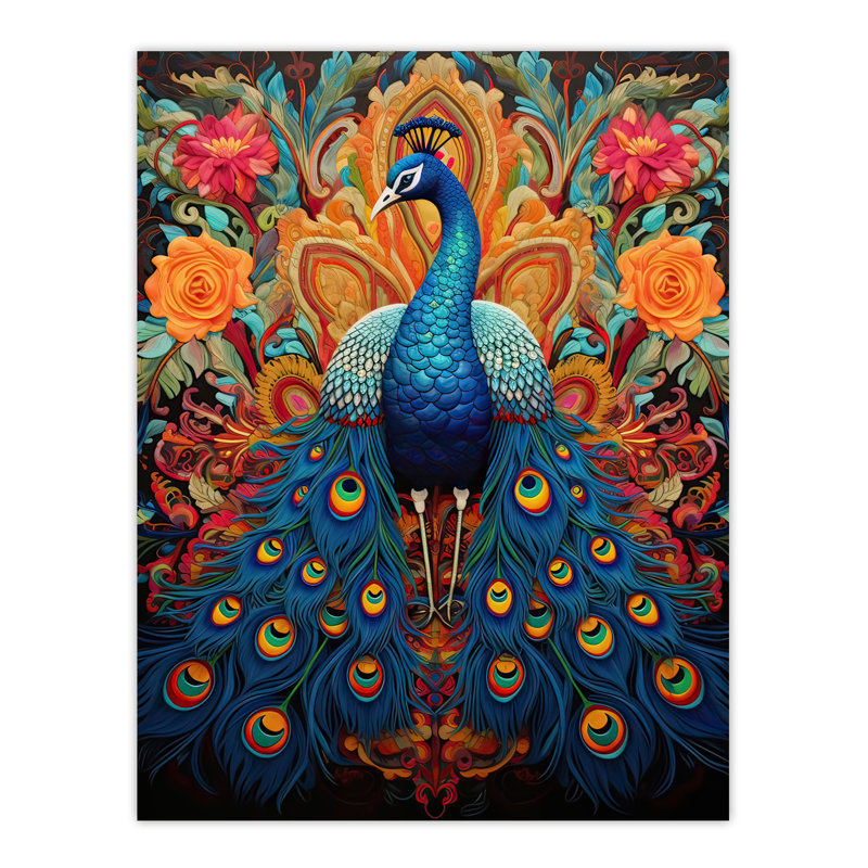Wall Art Print Royal Peacock Oil Painting Exotic Bird Symmetrical Floral Portrait Poster
