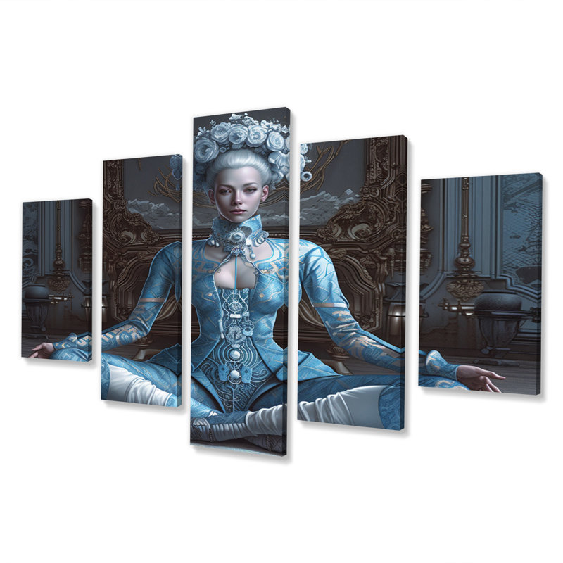 Blue Yogini Meditation Spiritual Elegance II - Yoga Wall Art Living Room - 5 Panels