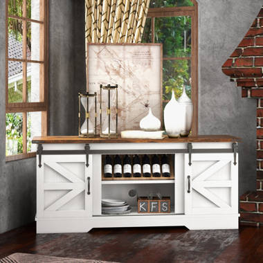 58 Farmhouse Coffee Bar Cabinet with Sliding Barn Door, Heavy Duty  Sideboard Buffet Cabinet Kitchen Storage(Grey) 