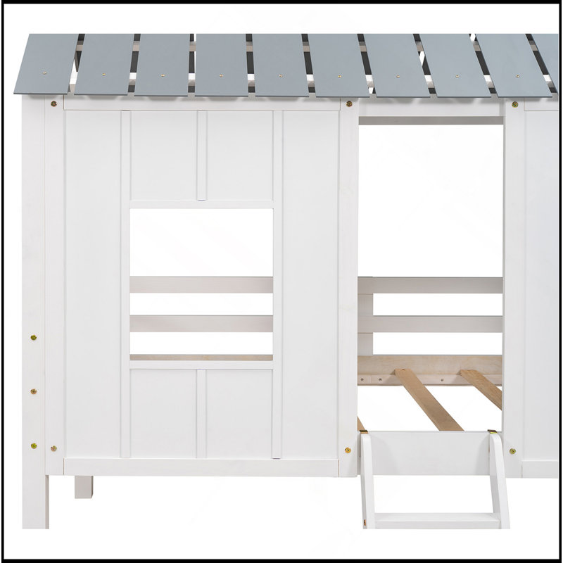 Lit mezzanine simple simple avec toit et deux fenêtres à l'avant, blanc