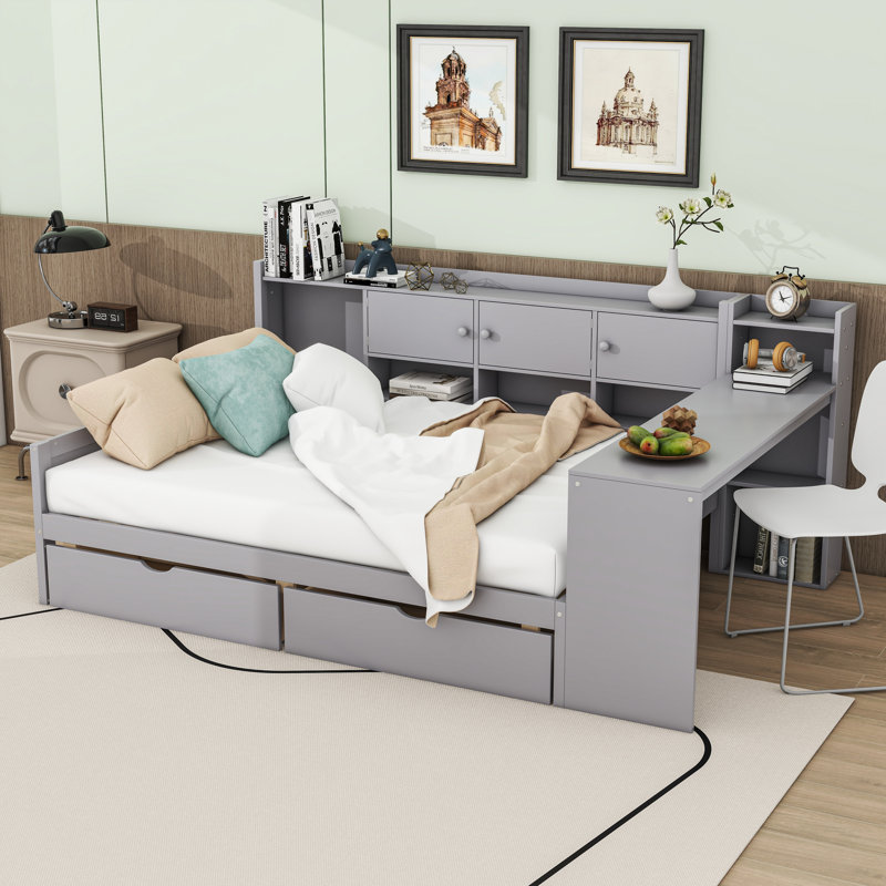 Daybed with Desk, Built-in Bookshelf, 3 Cabinets and 2 Drawers, Full/Double