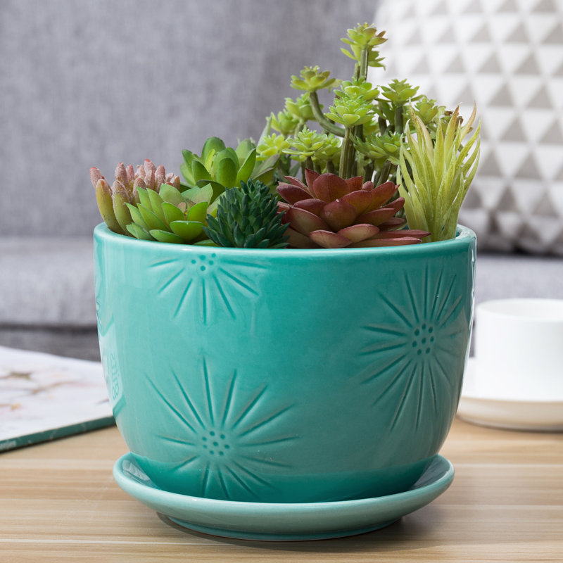 Pot à fleur décoratif en céramique, Bleu aqua, H 4,3 po x l 5,2 po x P 5,2 po, 2