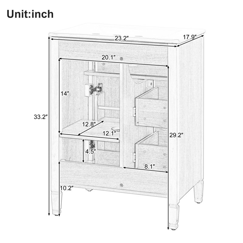 Unique 24" Bathroom Vanity With Ceramic Top, White, 23.96