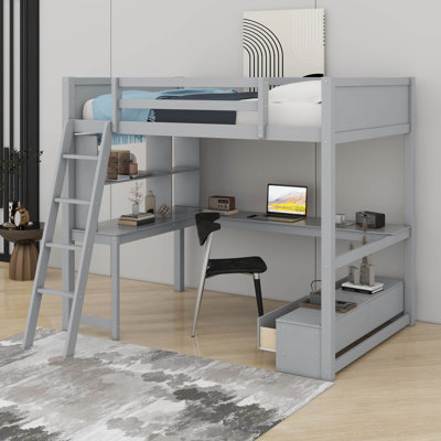Lit mezzanine double avec bureau en L multi-rangement, lumière DEL et station de charge USB, banc de rangement avec tiroirs
