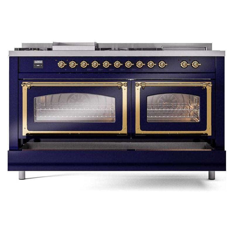 ILVE Nostalgie II Noblesse 60 po à 2 brûleurs, plaque chauffante, plaque de cuisson française, Bleu minuit / laiton
