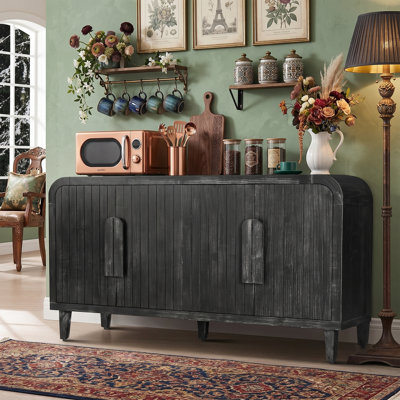 59" Antique Black Sideboard Buffet Cabinet With Curved Arc Frame, 4-Door Vertical Fluted Coffee Bar Console Credenza