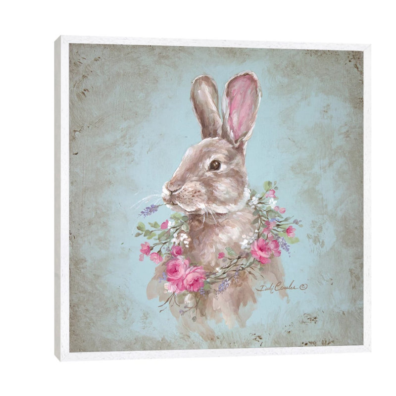 Bunny With Wreath by Debi Coules - Painting on Canvas, 45.72 cm H x 45.72 cm W, White Framed