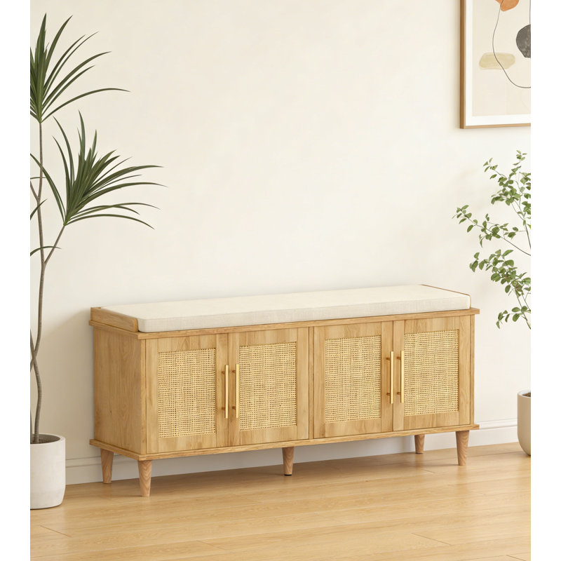 Banc de rangement en rotin naturel avec tablettes réglables