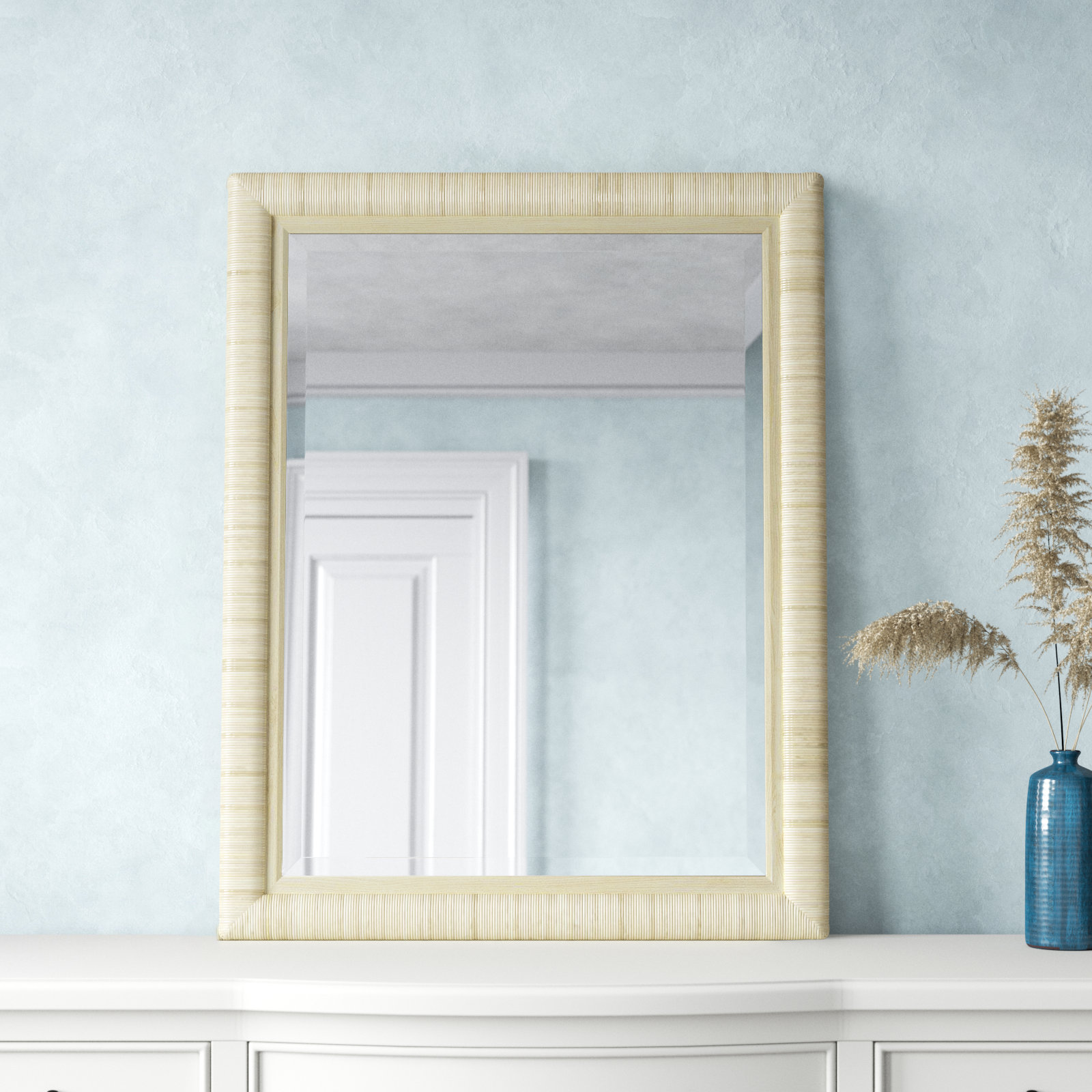 Monterey Rattan Flat Mirror, Bisque