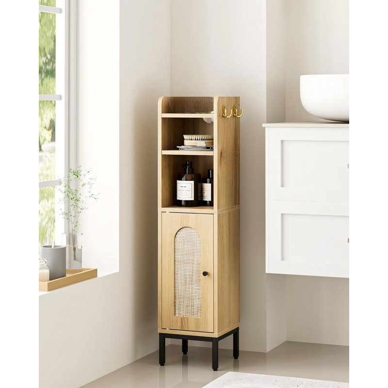 Bathroom Storage Cabinet, Small Corner Floor Hutch With 2 Hooks, Narrow Toilet Paper Cabinet With Rattan Door, Bathroom Organizer With Adjustable Shelf For Small Spaces, Oak