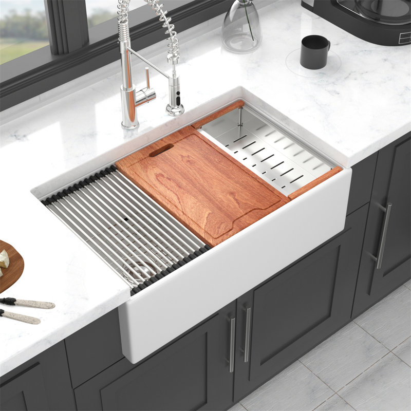White Farmhouse Sink Workstation - 33 X 20 X 10 Inch White Porcelain Ceramic Double Bowl Farm Kitchen Sink