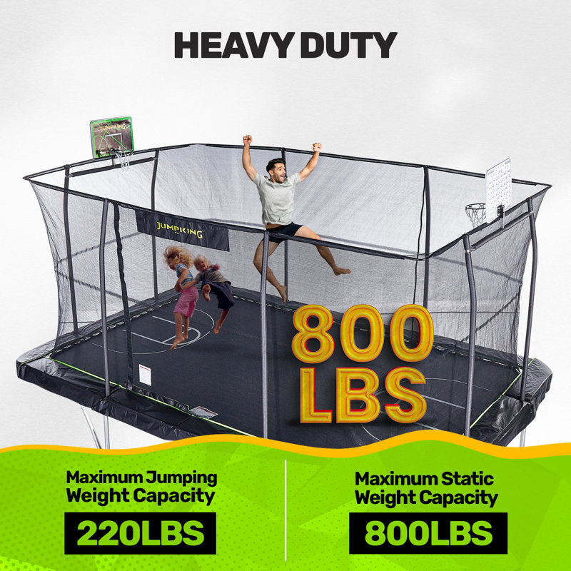 Black Rectangular Steel Trampoline with Enclosure and Basketball Hoop