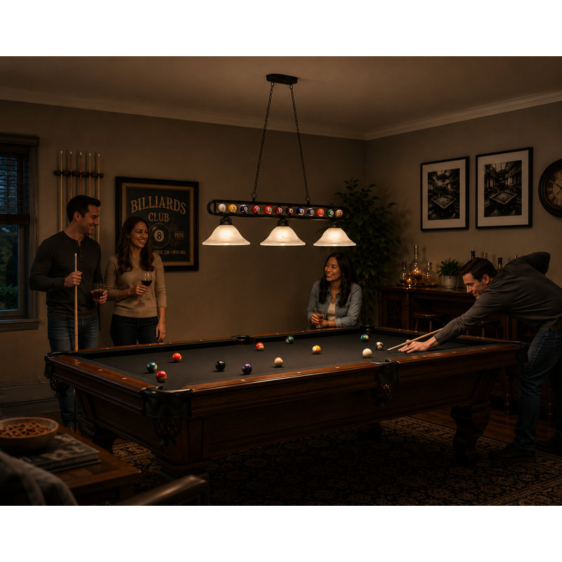 Brough 3 - Pool Table Billiard Ball Linear Pendant By RAM Game Room, Matte Black/White