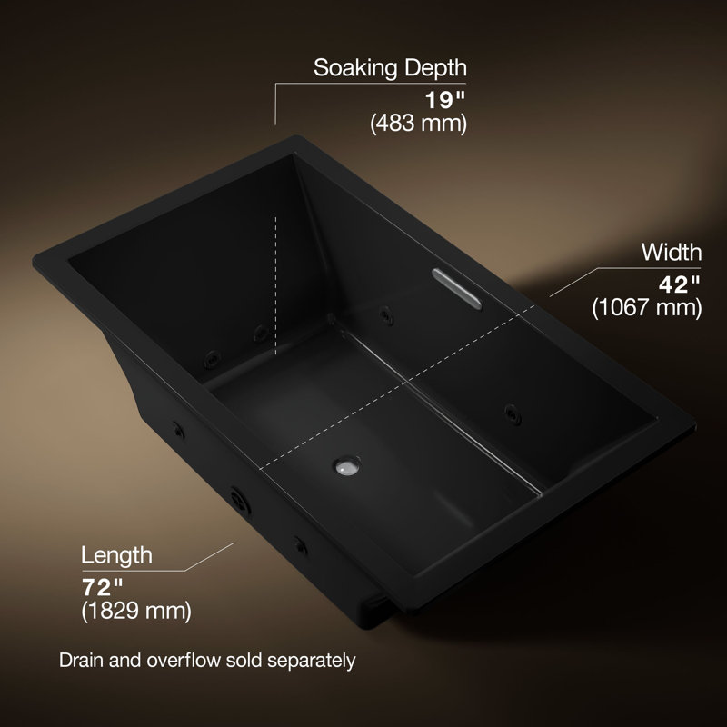 72-In x 42-In Heated Whirlpool Bath with Center Drain, Black