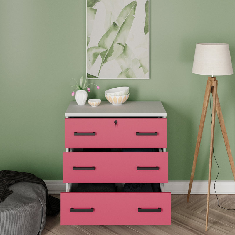 Commode 3 tiroirs, Blanc/rose