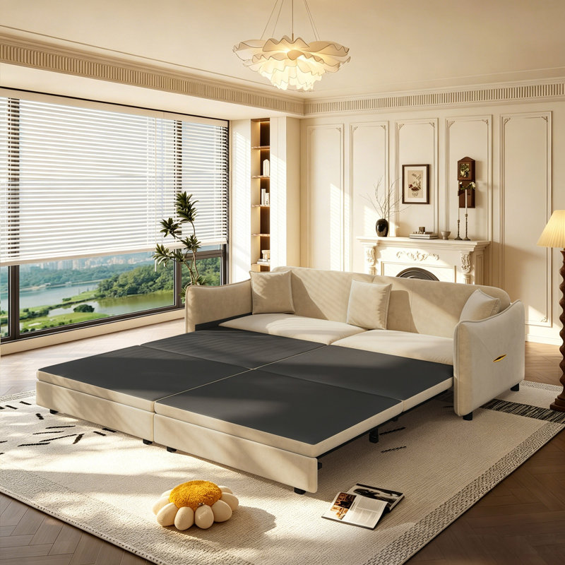 81.9" King Pull Out Sofa Bed,3-in-1 Convertible Sofa Bed with 3 Pillows & Golden Accent Detail Design, Modern Velvet 3-Seater Couch