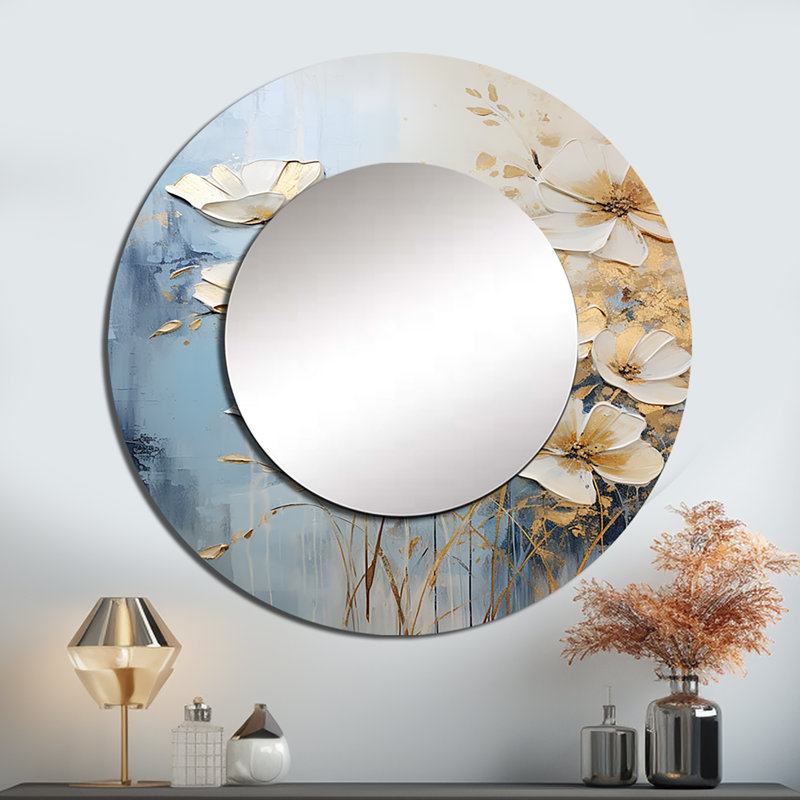 Seresa Wildflowers Botanical Beauty - miroir fleurs sauvages, miroir mural rond beige, impression d'art en métal