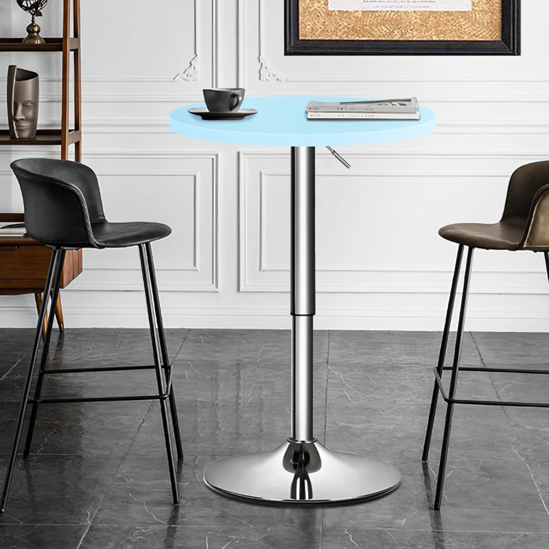 Round Bar Table, Height-Adjustable 27.5"-36" Tall Pub Tables with Leg and Sturdy Base, Silver, Blue