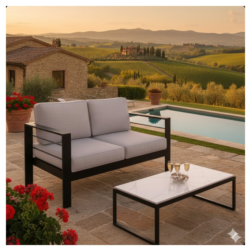 Causeuse de patio en aluminium toutes saisons 50 po avec coussins épais en oléfine gris clair