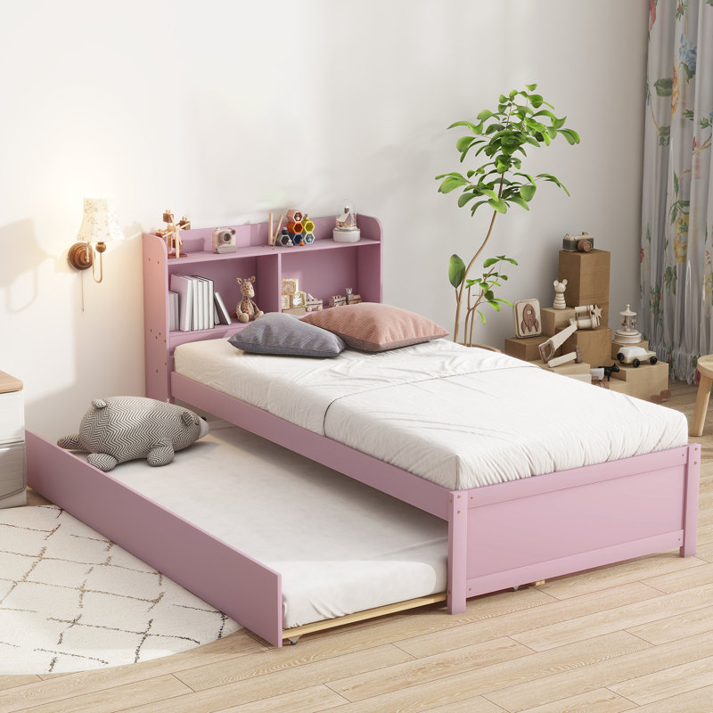 Teen Bed Platform Standard Bed With Bookcase And Twin Trundle, White, Twin