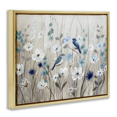 «Birds Floral Meadow Blossoms», art mural encadré flottant doré par Nan